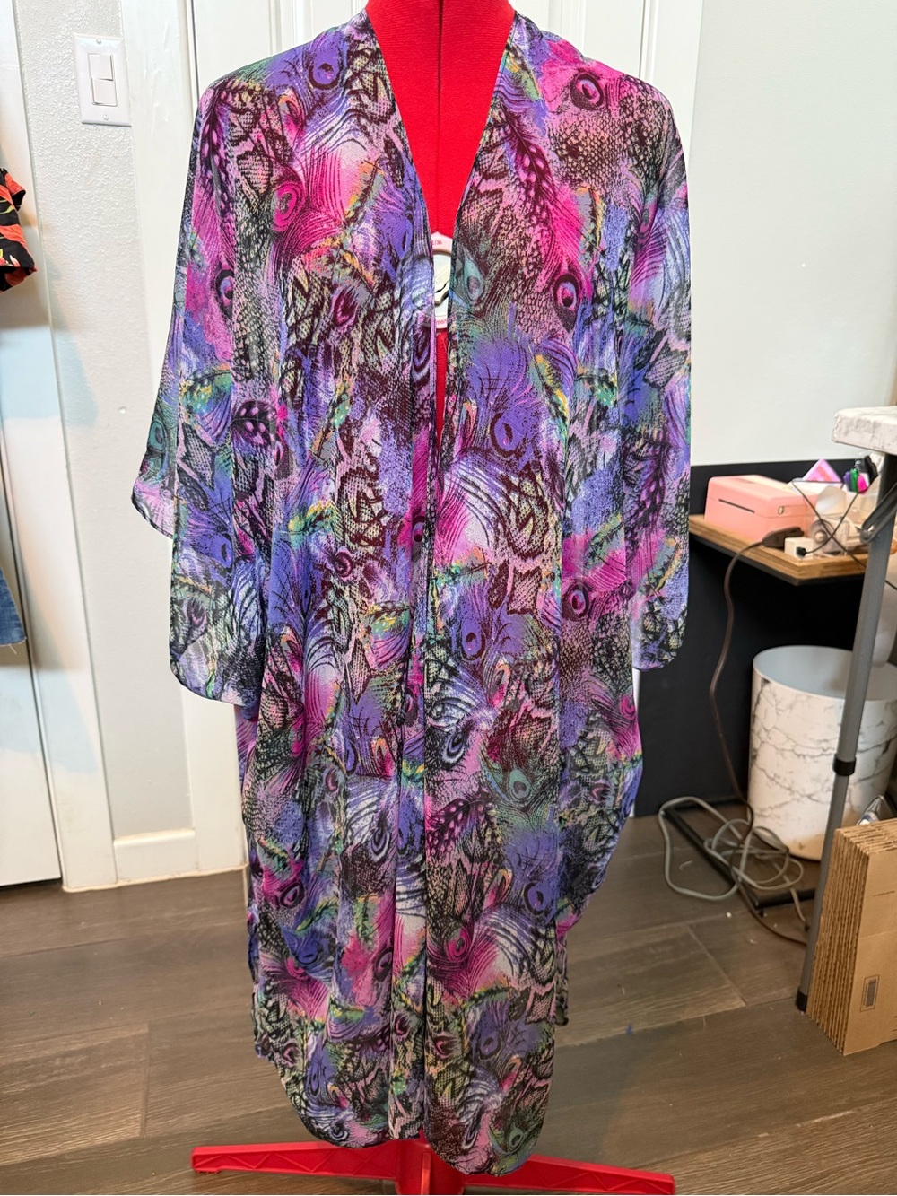 La Moda, Sheer Peacock Feather Print Kimono - Multicolor Cover up size O/S